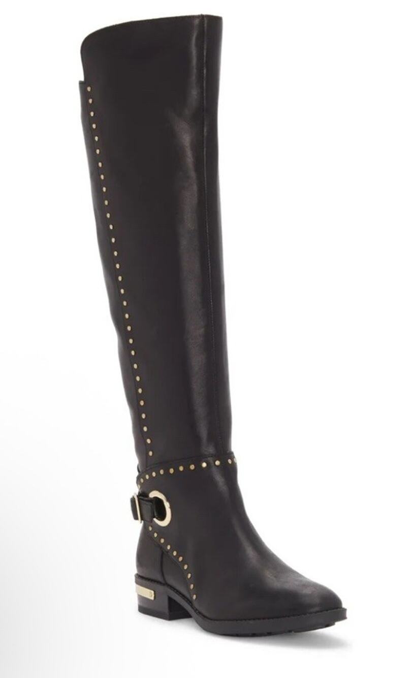 Vince Camuto Paterra Black Leather Gold Studs Knee High Riding Boots Sz 6.5